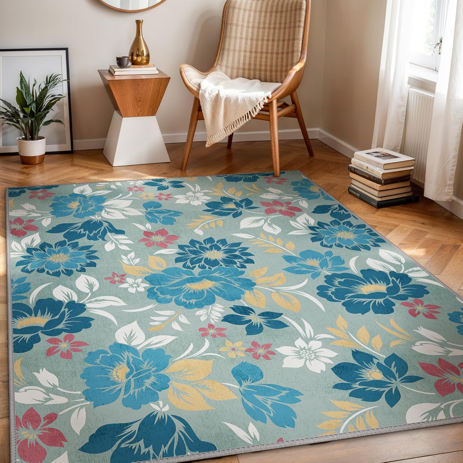 GENIMO Indoor Outdoor Area Rug 8' X 10' Waterproof, Washable Patio Rug Non Shedding, Easy Cleaning Floral Outdoor Carpet for Living Room, Bedroom, Dining Room, Balcony, Backyard, Deck, RV, Blue Grey