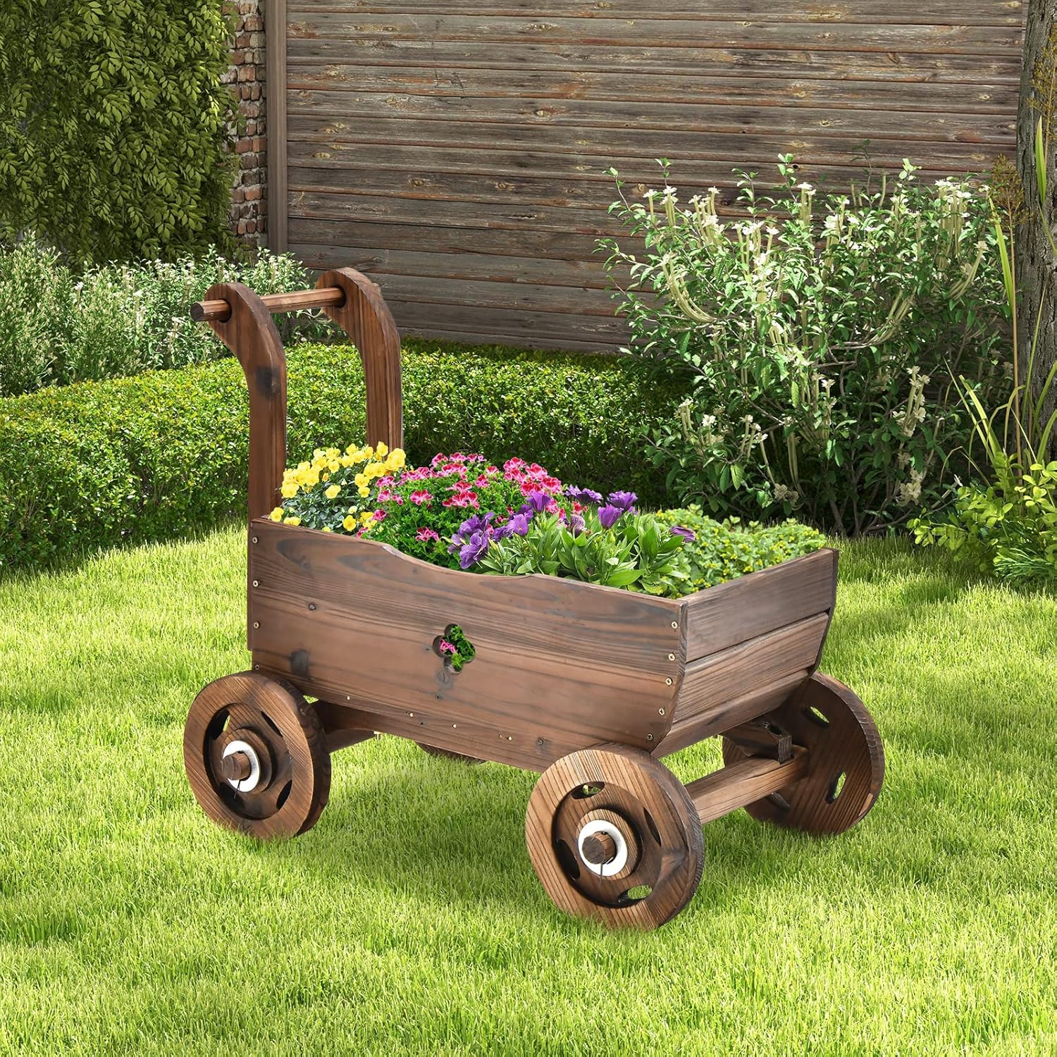 Tangkula Wooden Wagon Planter Box, Decorative Garden Planter w/Wheels, Handle, Drain Hole, Rustic Wooden Flower Cart for Indoor & Outdoor Decor for Patio, Garden, Balcony (27" L x 15" W x 21" H)