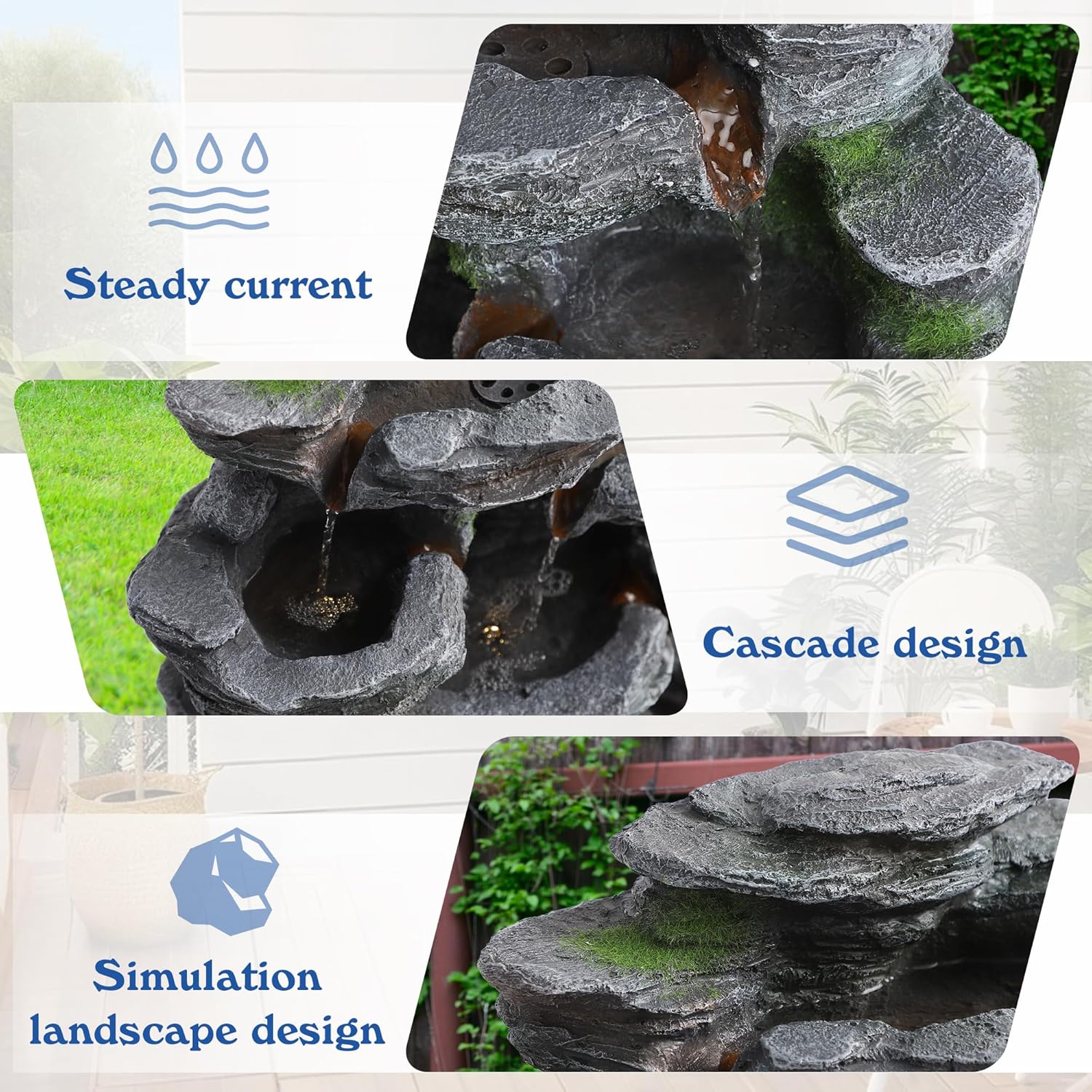 TITIMO 7-Tier Cascading Rock Water Fountain Outdoor Garden Waterfall with Lights,Fountain Indoor Decor for Garden, Patio, Backyard, Deck, Porch and Home Art Decor (24" H)