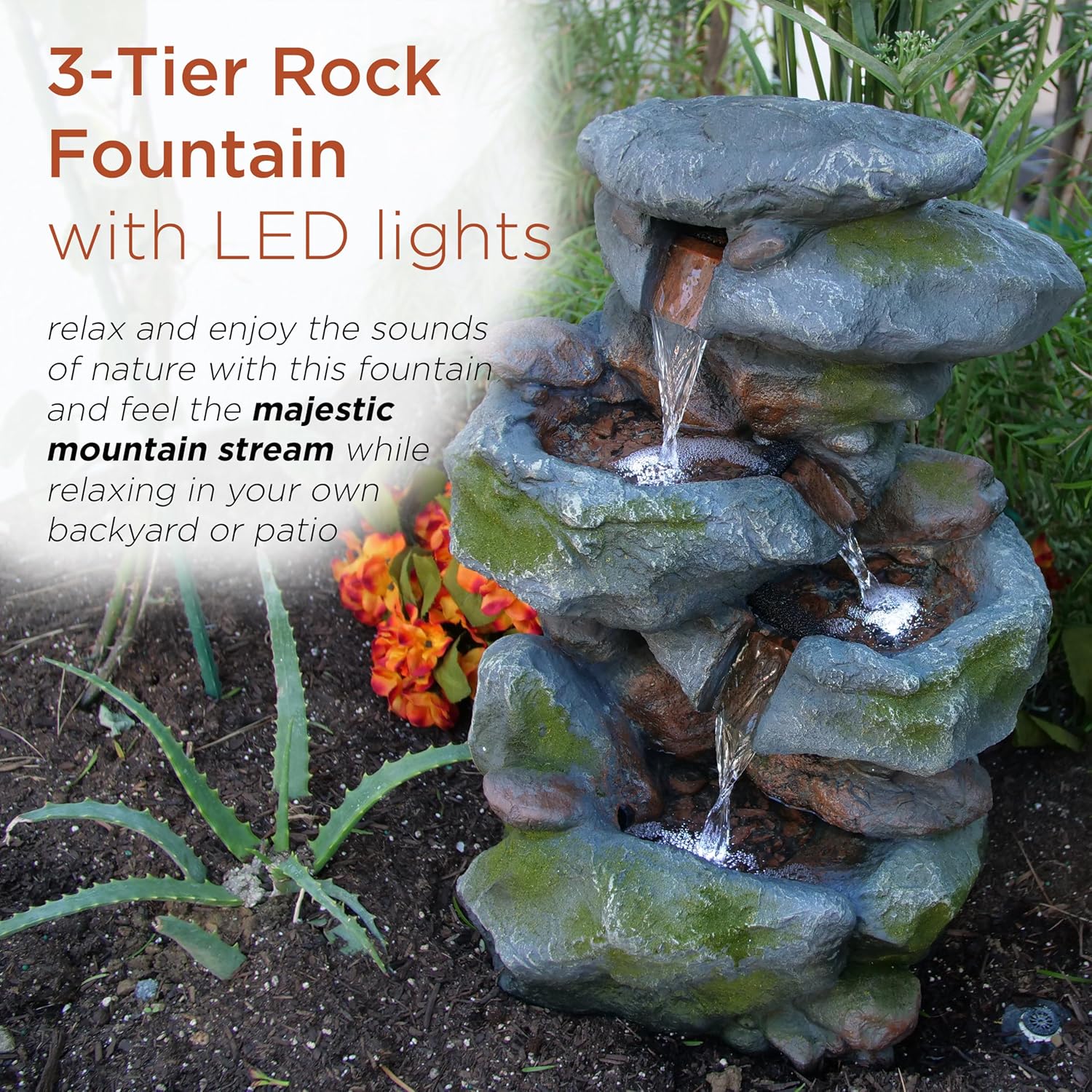 Alpine Corporation WIN582 22" Outdoor 3-Tier Rock Waterfall Fountain with LED Lights for Garden, Patio, Yard, and Porch Decor, Natural Stone Look, Gray