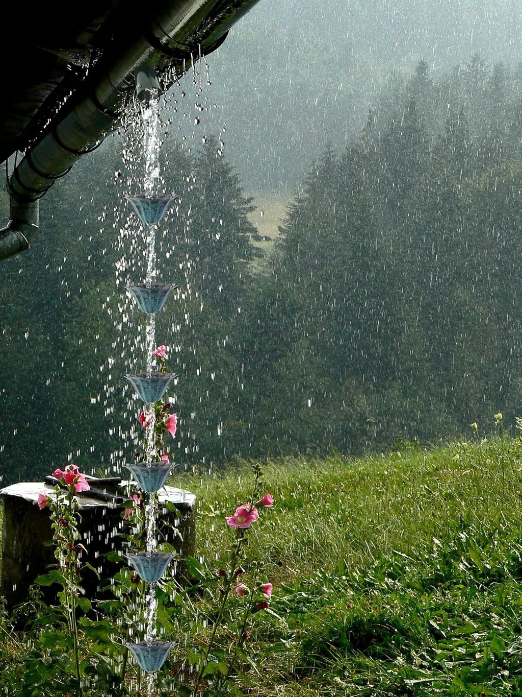 8.5FT Lotus Antique Blue Color Iron Rain Chains for Gutter and Rain Barrel, Rust-Resistant Plated Garden Décor Rain Chain for Downspout, Bonus Rain Chain Gutter Adapter