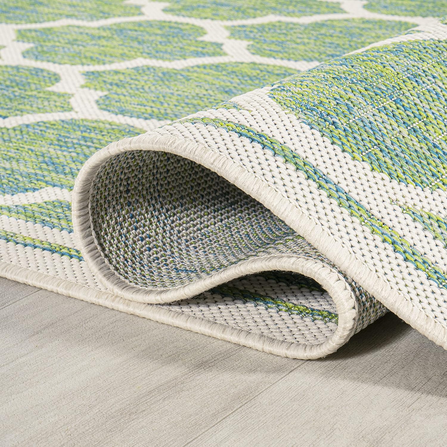 Eyely BMS109I-5SQ Santa Monica Trebol Moroccan Trellis Textured Weave Indoor/Outdoor Area Rug Coastal;Bohemian, Bedroom, Backyard, Patio, Easy-Cleaning, Non-Shedding, 5' Square, Cream/Green
