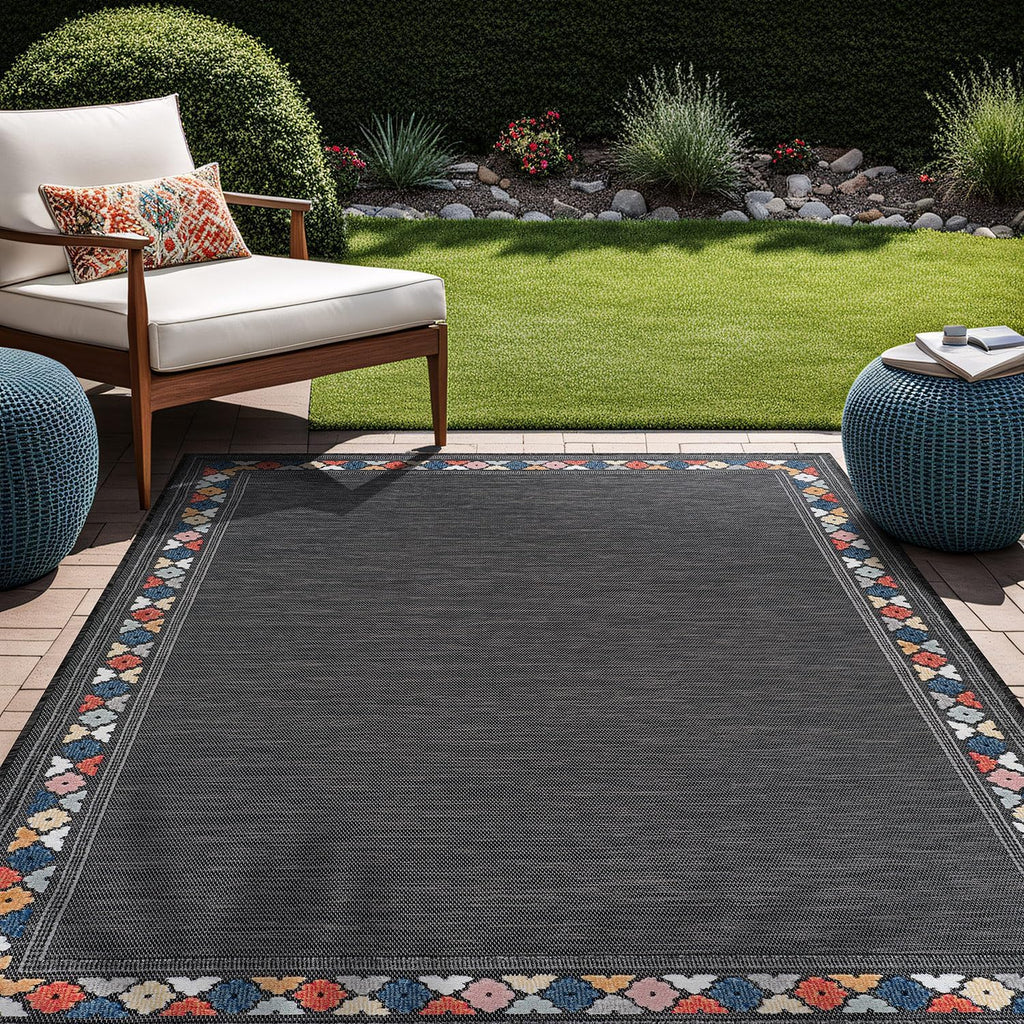 Beverly Rug Outdoor Rug 5x7 Modern Bordered Area Rugs for Indoor and Outdoor Patio Easy to Clean Non Shedding Living Room Porch Garden Washable Outside Carpet (5 x 7 Dark Gray)