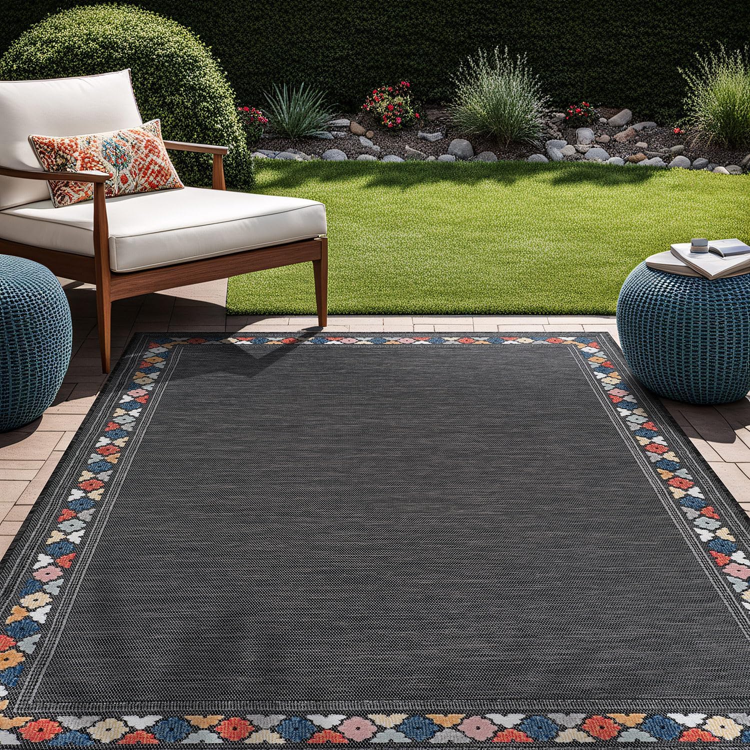 Beverly Rug Outdoor Rug 5x7 Modern Bordered Area Rugs for Indoor and Outdoor Patio Easy to Clean Non Shedding Living Room Porch Garden Washable Outside Carpet (5 x 7 Dark Gray)