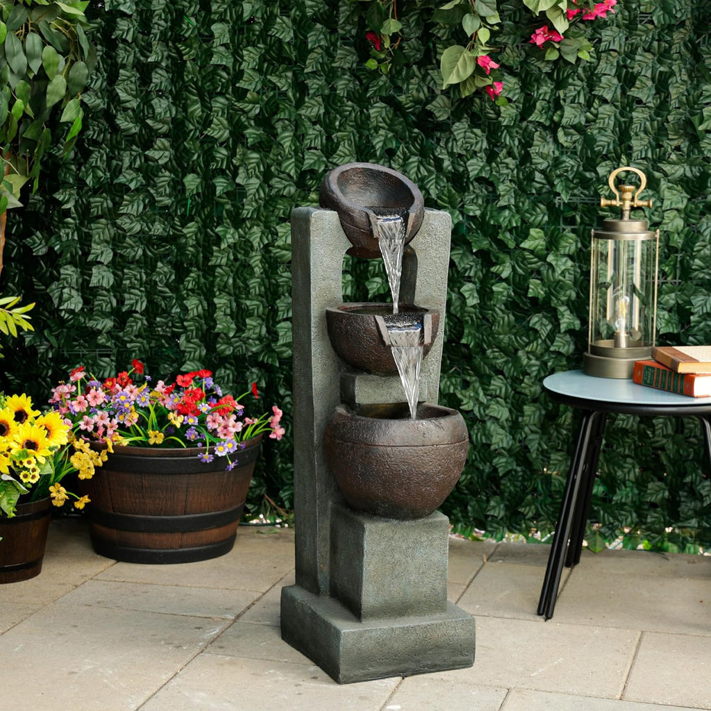Alpine Corporation TZL400 34" 3 Tier Basin Cascading Fountain with LED Lights, Elegant Outdoor Water Feature for Garden, Patio, Yard & Outdoor Spaces, Relaxing Waterfall Fountain, Gray