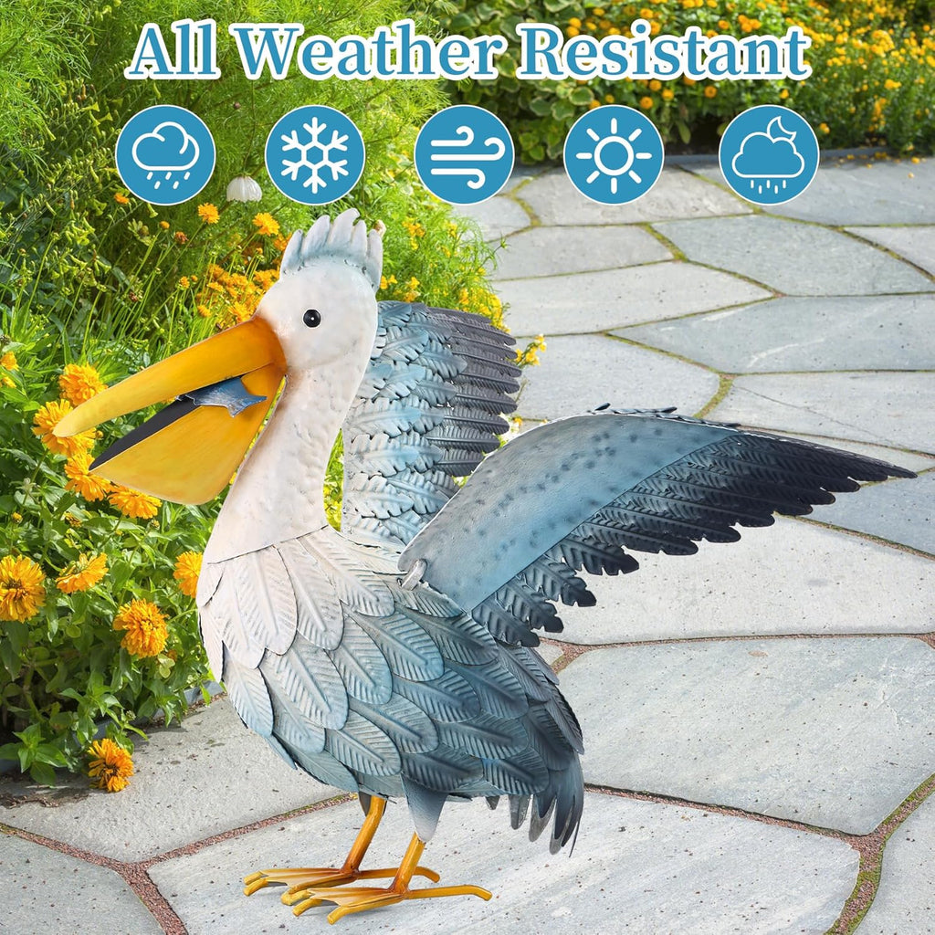 Metal Pelican Garden Statue Outdoor Decor, Metal Yard Art Decoration Coastal Bird Garden Decor Lawn Ornament for Porch Patio