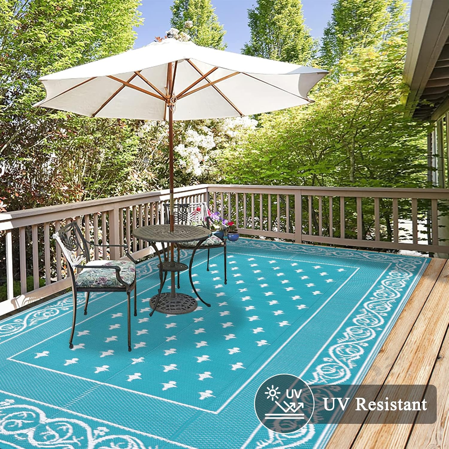 Pauwer Waterproof Outdoor Rug 6x9, Reversible Plastic Straw Patio Camping Rug, Indoor Outdoor RV Mat Carpet for Deck, Camper, Porch, Balcony, Backyard, Picnic, Bordered Teal