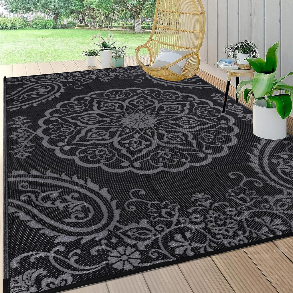 Pauwer Waterproof Outdoor Rug 6x9, Reversible Plastic Straw Patio Camping Rug, Indoor Outdoor RV Mat Carpet for Deck, Camper, Porch, Balcony, Backyard, Picnic, Boho Black Grey