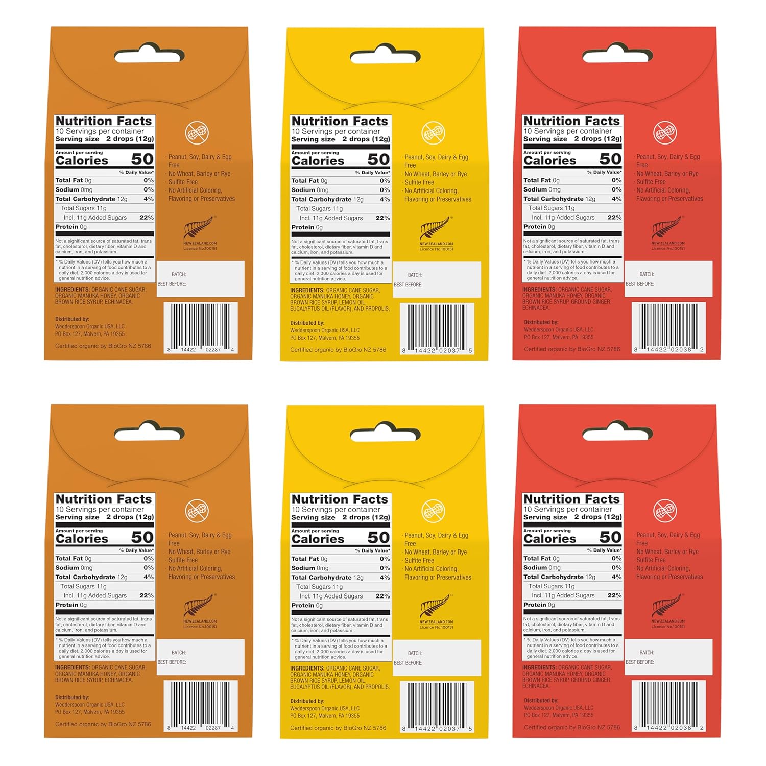 Wedderspoon Organic Manuka Honey Drops, Variety Pack, 4 Oz (Pack of 6) - Genuine New Zealand Honey - Perfect Remedy For Dry Throats