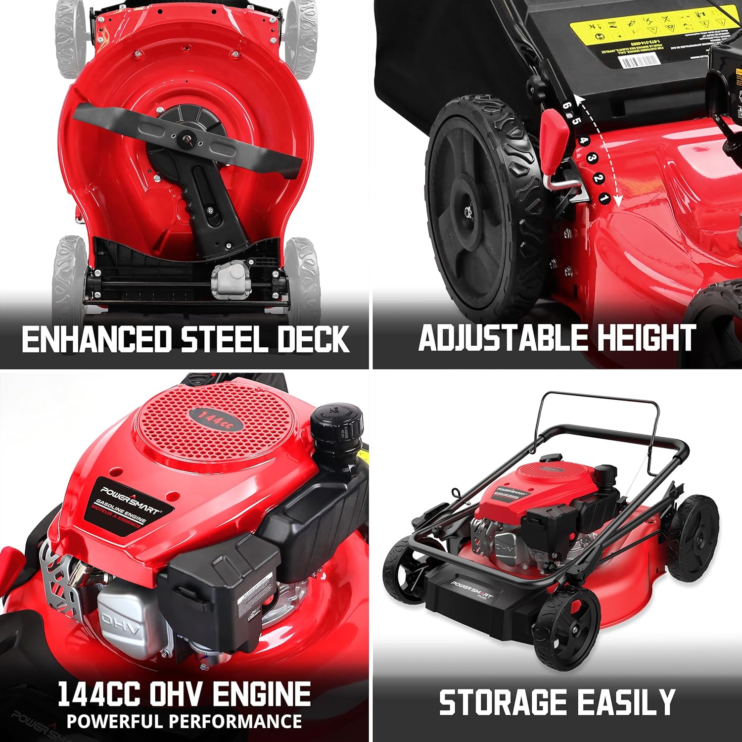 PowerSmart 21-Inch 144cc Gas Push Lawn Mower & 16-Inch 25.4cc String Trimmer/Edger with 10-Inch Brush Cutter for Grass Cutting