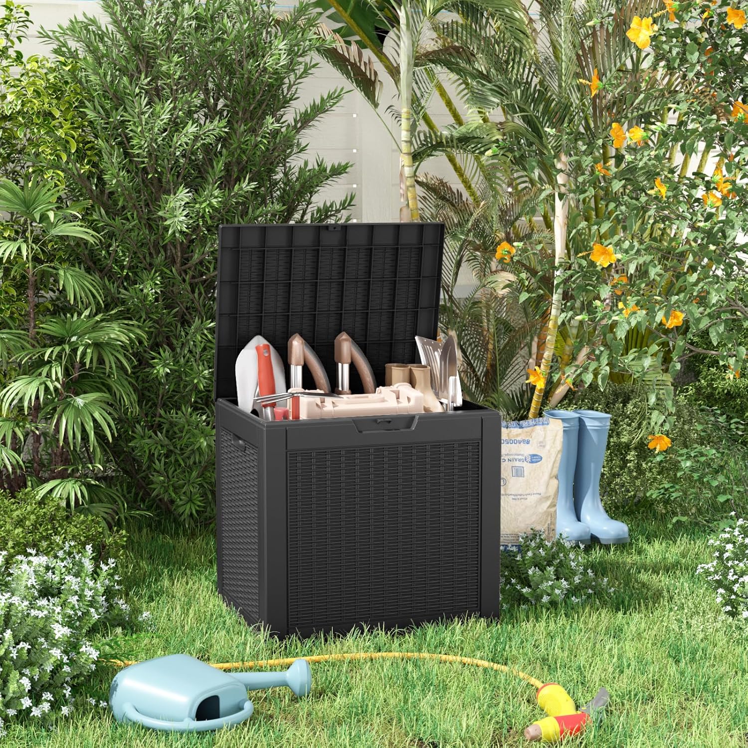 30 Gallon Resin Deck Box, Lockable Patio Outdoor Storage Box for Furniture, Garden Tools and Tools Storage, Waterproof Outside Storage Boxes - Black