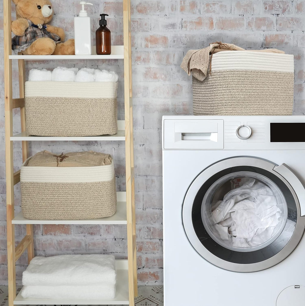 Cotton Rope storage Basket Bins Woven Basket for Organizing Shelves Rectangle Decorative Baskets For storage Clothes Toys Books Towels Square Wicker Nursery basket organizer 3 pack white and brown