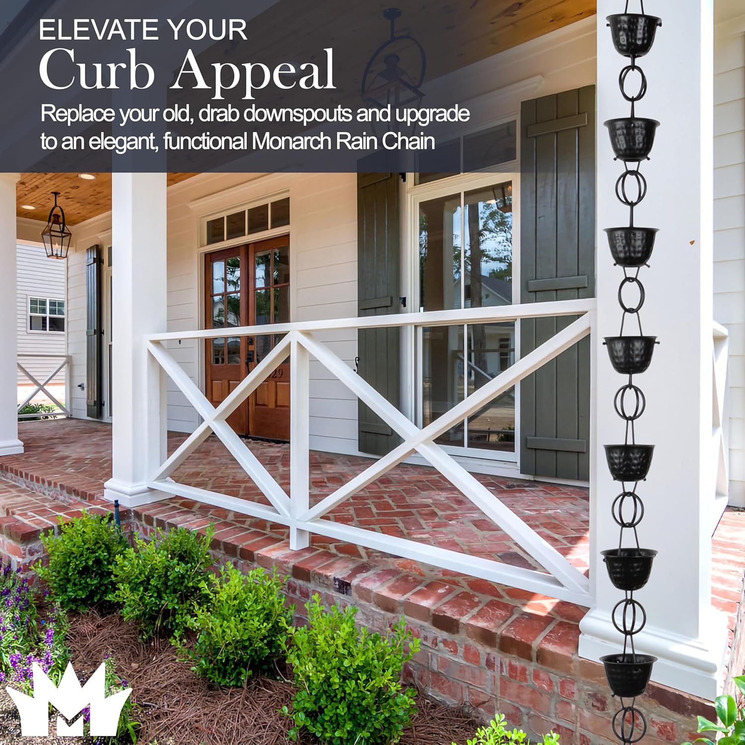 Monarch Rain Chains Aluminum Hammered Cup Rain Chain, 8.5 ft Black Powder Coated Aluminum Decorative Rain Catcher Chain for Gutters, Black Aluminum Rain Gutter Replacement Downspout