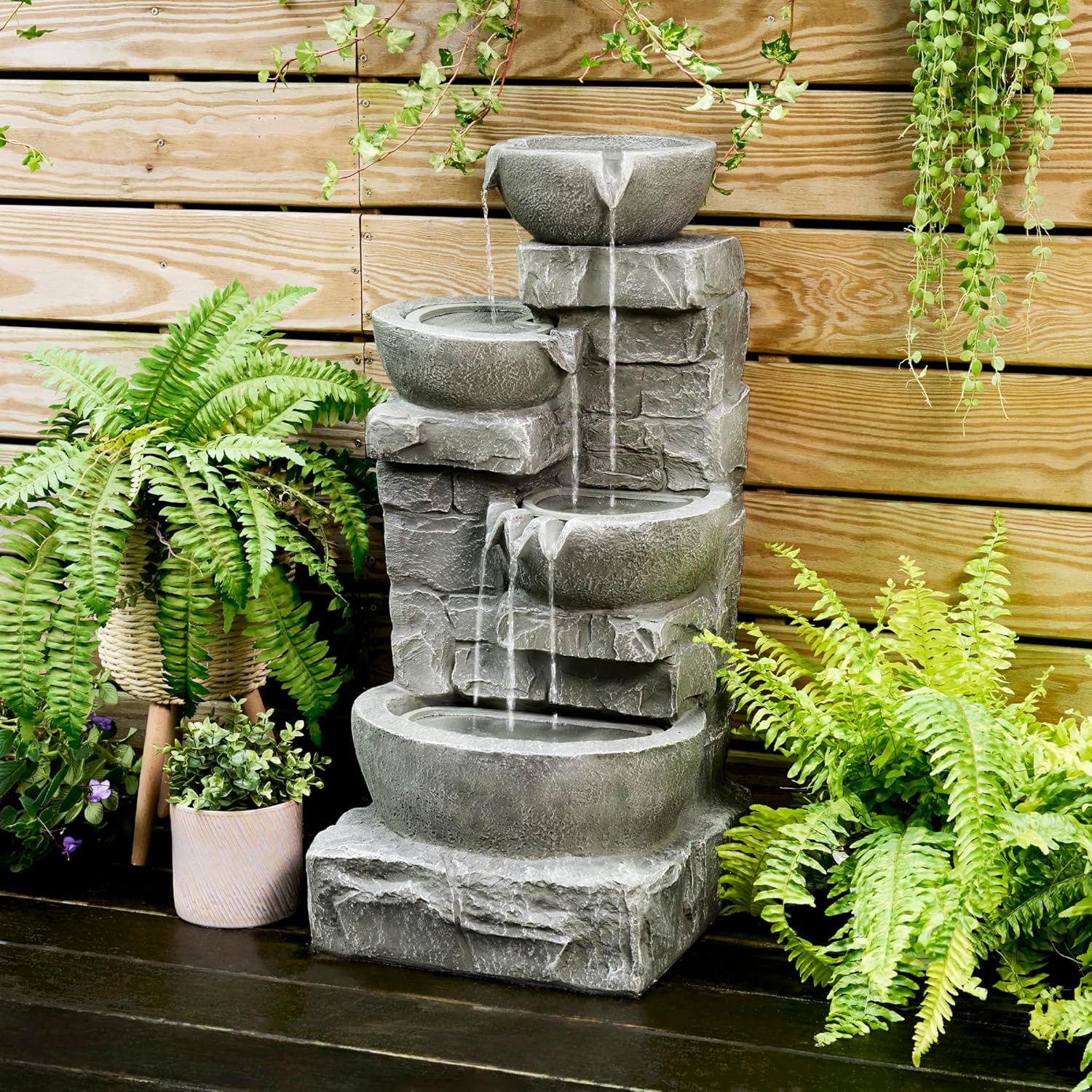 Teamson Home 33.25 in. Cascading Bowls and Stacked Stones LED Outdoor Water Fountain for Gardens, Landscaping, Patios, Balconies, and Lawns for a Calming Oasis in Outdoor Living Spaces, Stone Gray