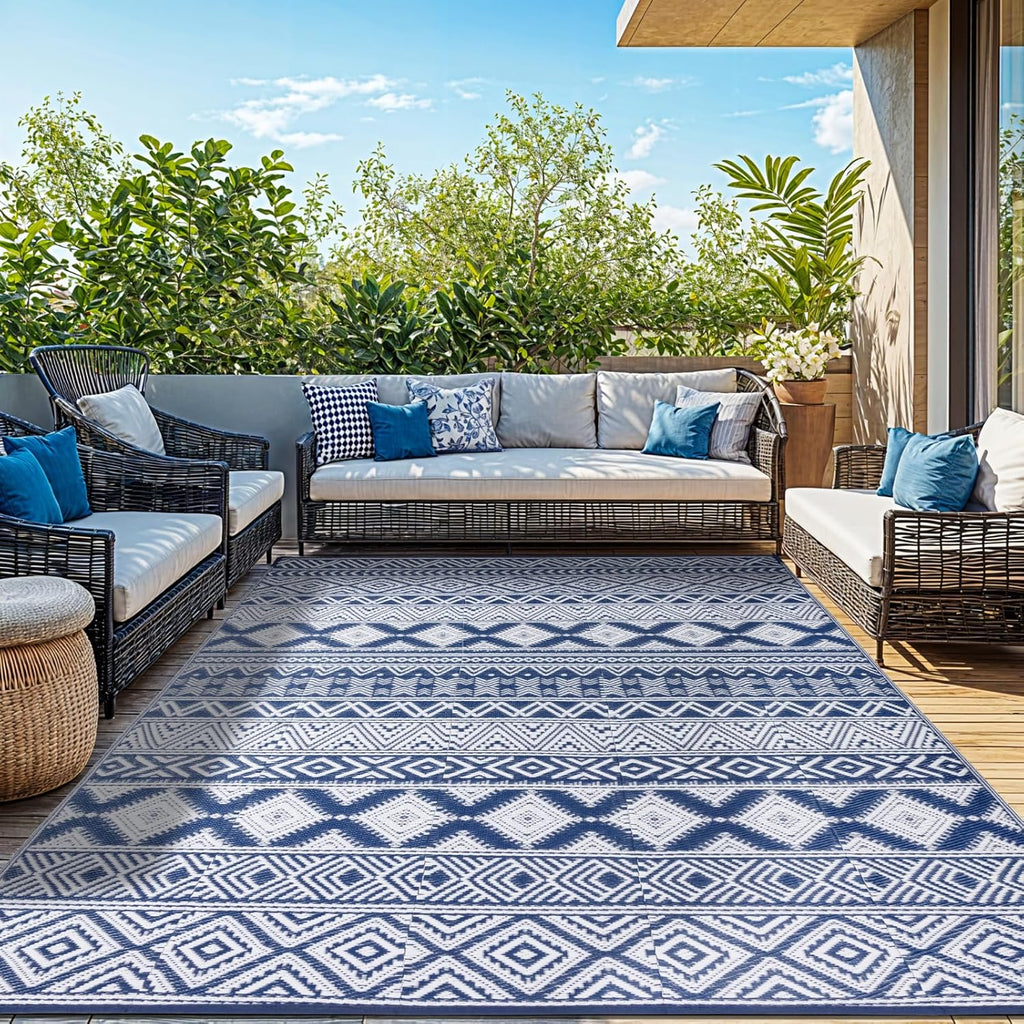 8'x10' Reversible Outdoor Rug - Eco-Friendly Plastic Straw Rug-Heavy-Duty Waterproof Mat, UV & Fade Resistant for Patio, Camping, RV, Deck, Balcony(8x10,Blue&White)