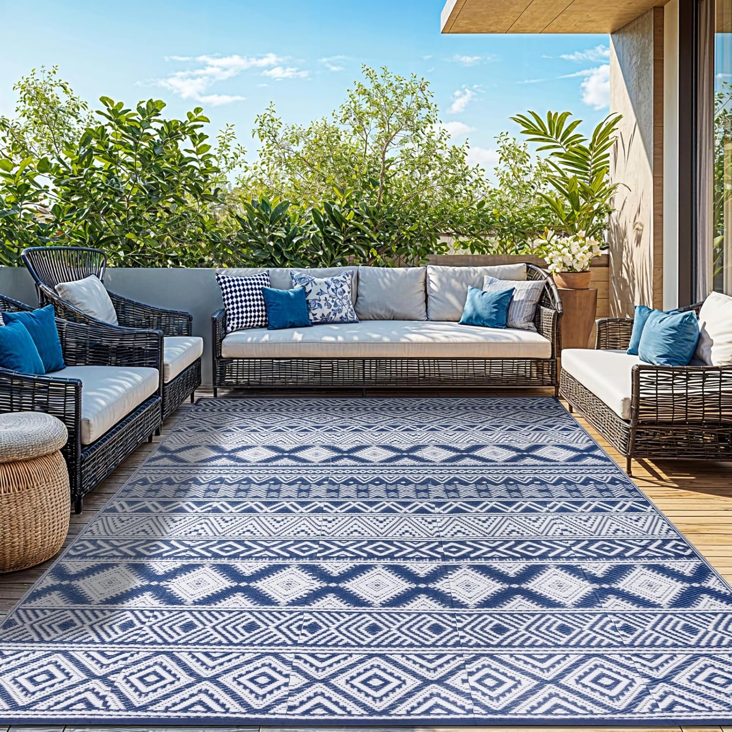 8'x10' Reversible Outdoor Rug - Eco-Friendly Plastic Straw Rug-Heavy-Duty Waterproof Mat, UV & Fade Resistant for Patio, Camping, RV, Deck, Balcony(8x10,Blue&White)