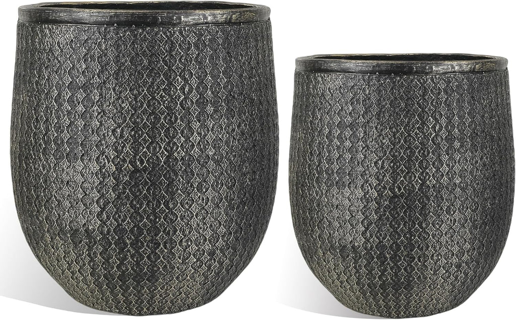 Worth Garden Large Round Planters Set of 2 (14.5"x17.5" & 12" x15“) - Lightweight Magnesium Oxide Cement Plant Pot with Texture - Concrete Look with Drainage Hole – Indoor & Outdoor Use - Black Gold