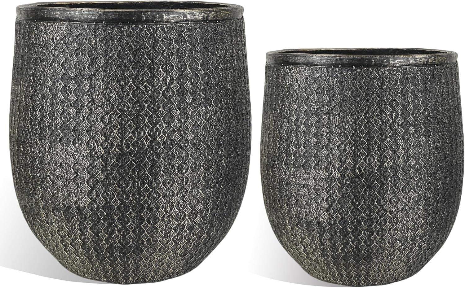 Worth Garden Large Round Planters Set of 2 (14.5"x17.5" & 12" x15“) - Lightweight Magnesium Oxide Cement Plant Pot with Texture - Concrete Look with Drainage Hole – Indoor & Outdoor Use - Black Gold