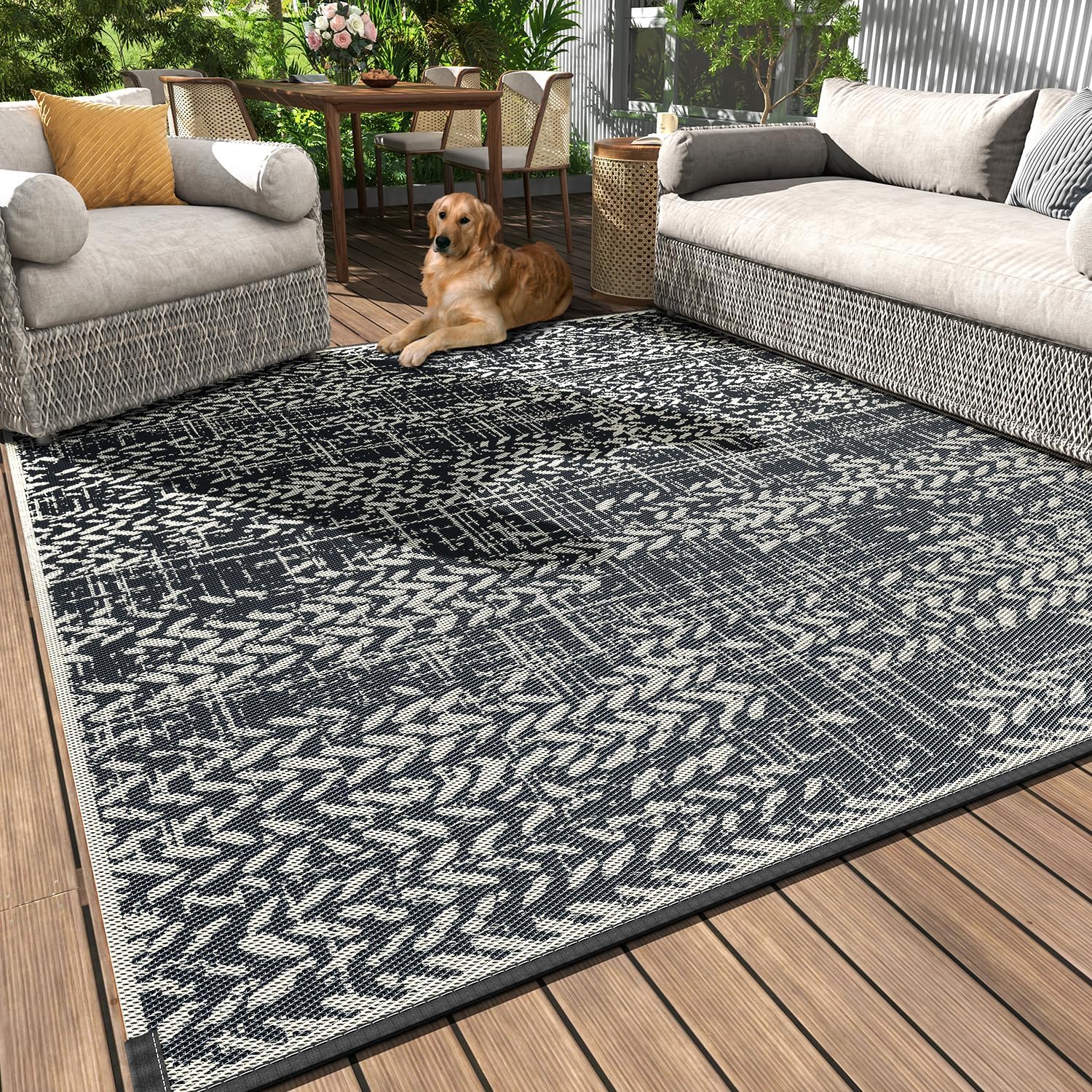 MontVoo Outdoor Rug 9x12 Waterproof-Patio Rug Outdoor Carpet Reversible RV Camping Picnic Plastic Straw Rug Outside Outdoor Area Rug for Balcony Deck Backyard Patio Decor Boho Modern Abstract Grey