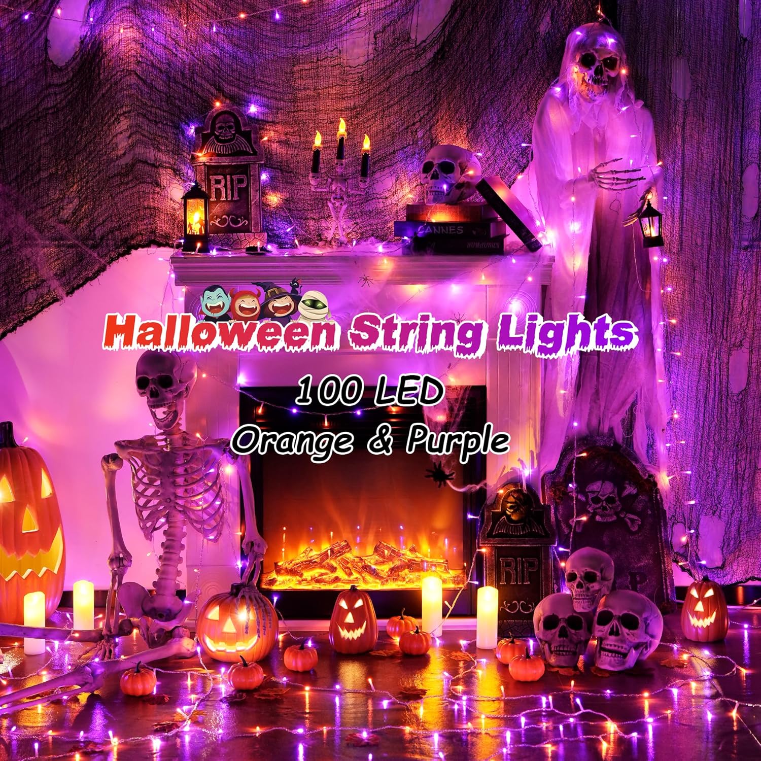 JMEXSUSS 33 FT 100 LED Halloween String Lights Indoor, Orange and Purple Halloween Lights Clear Wire, 8 Modes Outdoor Waterproof Christmas String Light Plug in