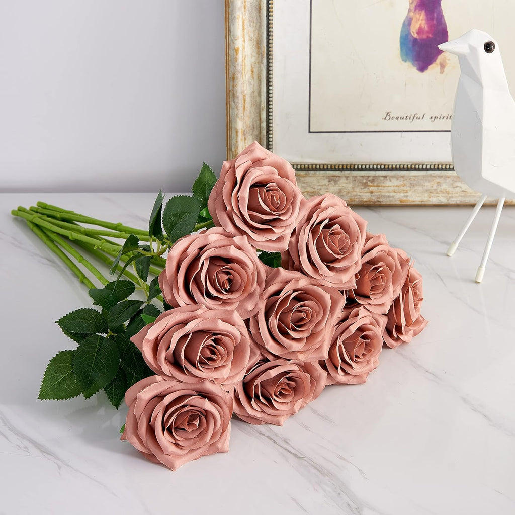 Artificial Rose 10pcs Open Flower Bouquet Faux Rose Stems for Wedding Arrangement, Bridal Bouquet, Centerpiece, Fake Faux Silk Flowers (Dusty Rose)