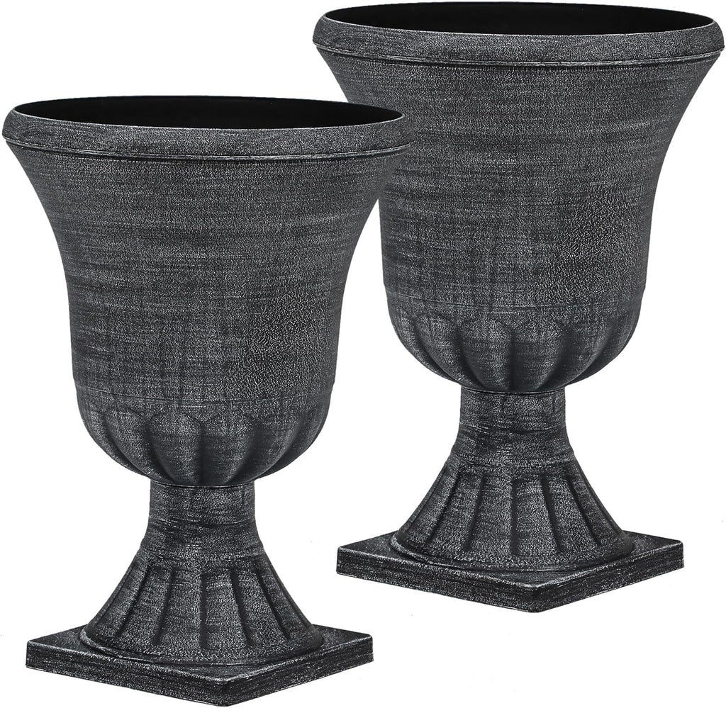 22" Large Urn Planters (Set of 2), Handmade Washed Black Plastic Flower Pots, Weatherproof for Porch, Garden, Patio or Home Décor