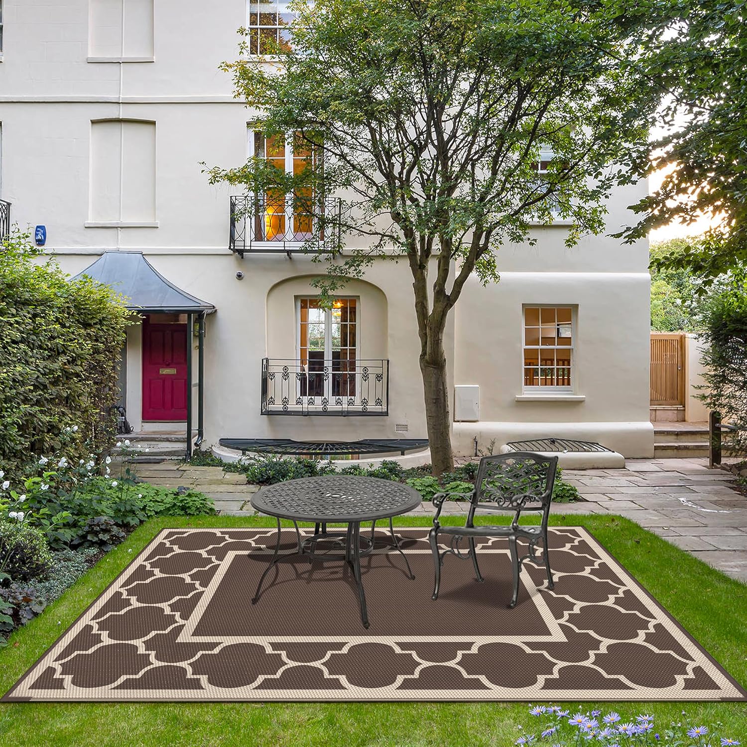 GENIMO Outdoor Rug 8' x 10' Patio Waterproof, Foldable Reversible Plastic Straw Area Rugs Mat for Camper Decor, Outside Carpet for Rv, Deck, Porch, Picnic, Beach, Balcony, Coffee & Beige