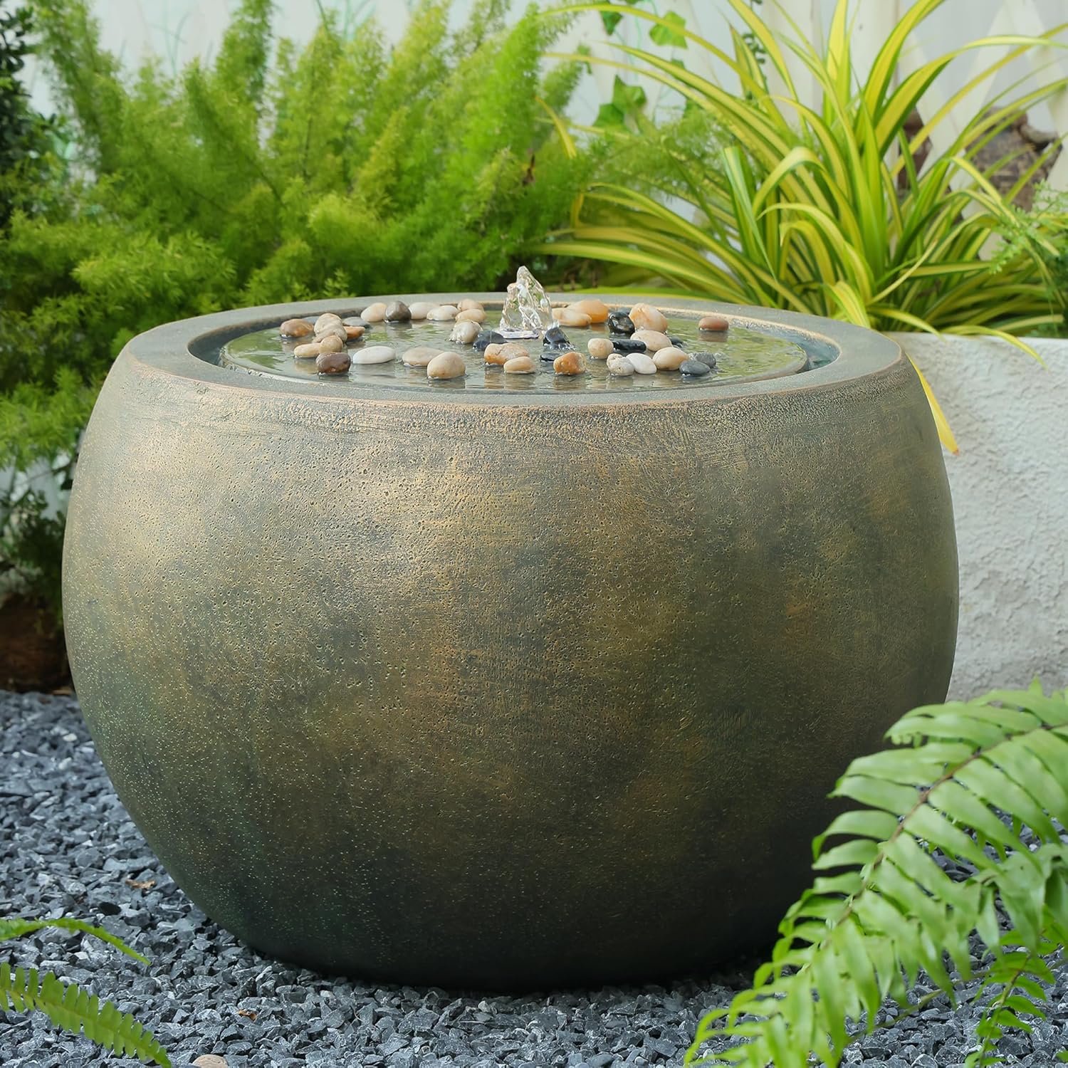 Garden Water Fountain Outdoor Large Round Bubbler Water Feature Indoor with Lights & Pump and Pebbles Concrete Effect for Patio Pool Pond Yard Home Decor Gold, 25 "L X 25" W X 17.5" H