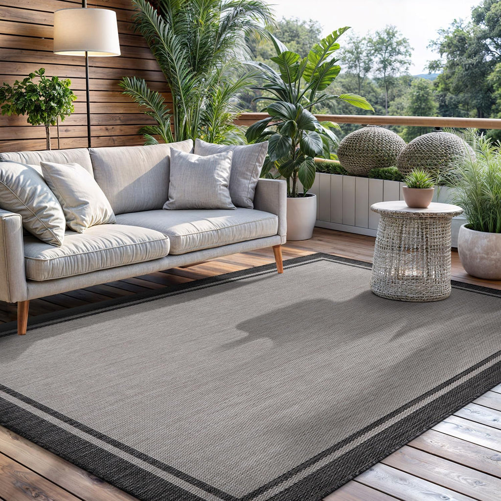 CAMILSON Indoor Outdoor Rug, 8x10 Bordered Gray Modern Area Rugs for Indoor and Outdoor Patios, Kitchen and Hallway Mats, Washable Porch Deck Outside Carpet (Bordered Grey, 8 x 10)
