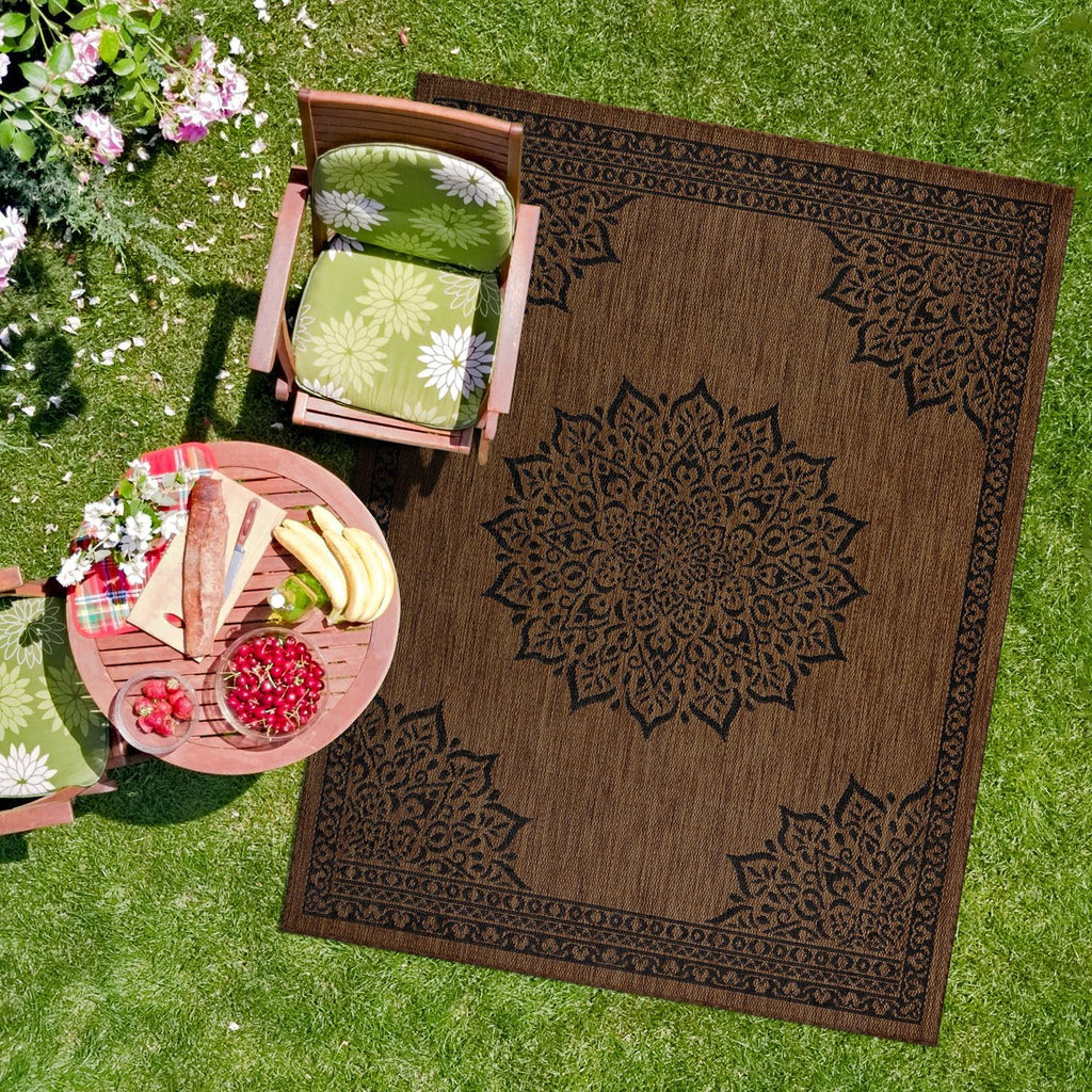 CAMILSON Outdoor Rug 8x10 Medallion Nut Brown Black Modern Area Rugs for Indoor and Outdoor Patios, Kitchen and Hallway Rug, Washable Porch Deck Outside Carpet (8 x 10)