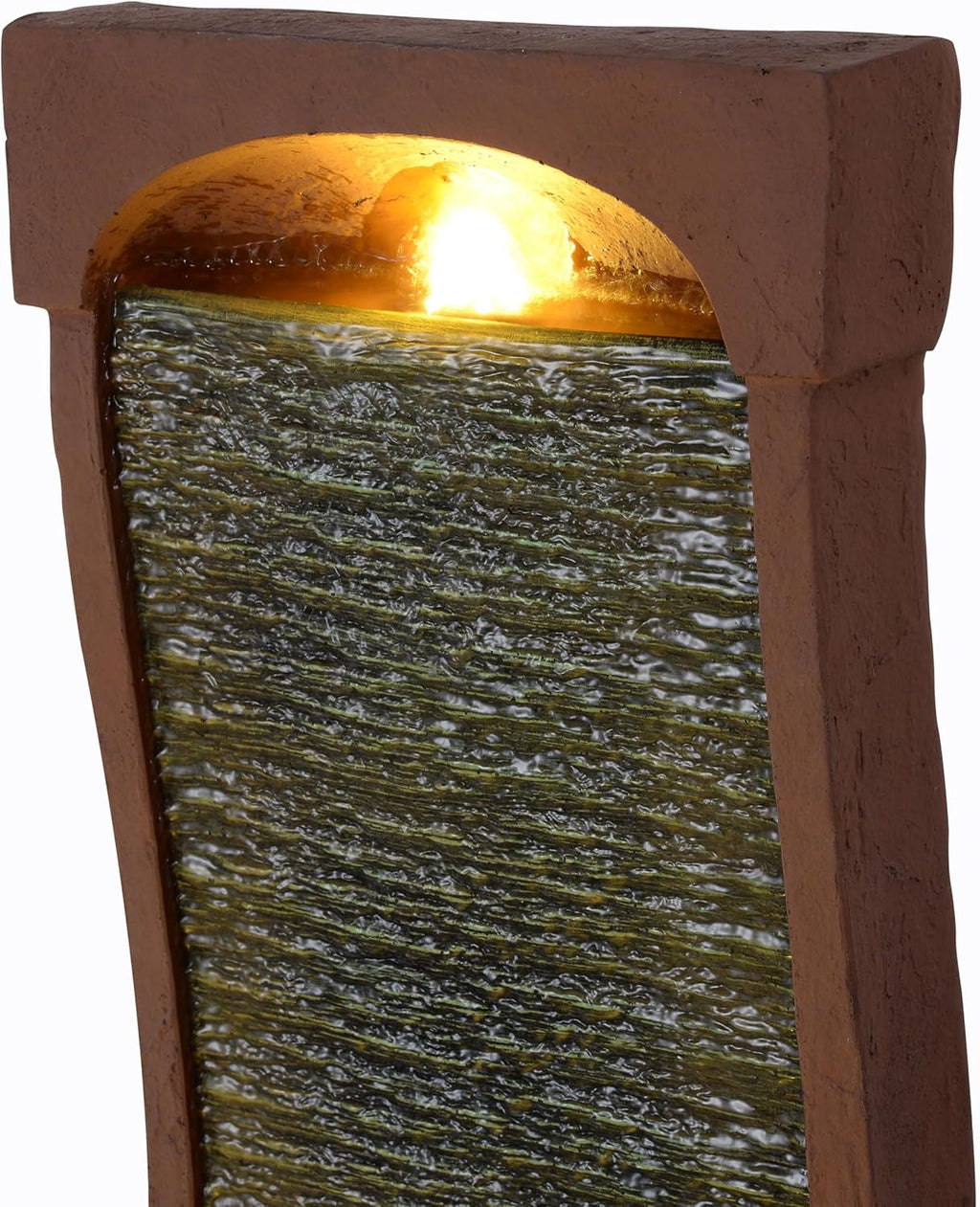 Teamson Home 38.5" Indoor/Outdoor Modern Curved Faux Slate Waterfall Fountain with LED Lights, Red Rock