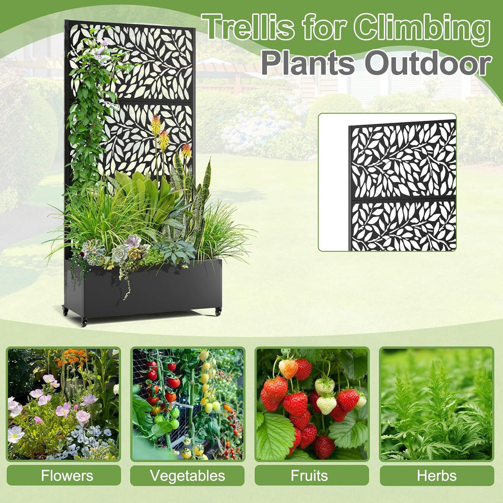 Raised Garden Bed with Trellis and Wheels,73"x35"x16" Metal Raised Garden Bed,Black Flowing Leaf-2 Metal Planter with Climbing Trellis for Vines & Vegetables