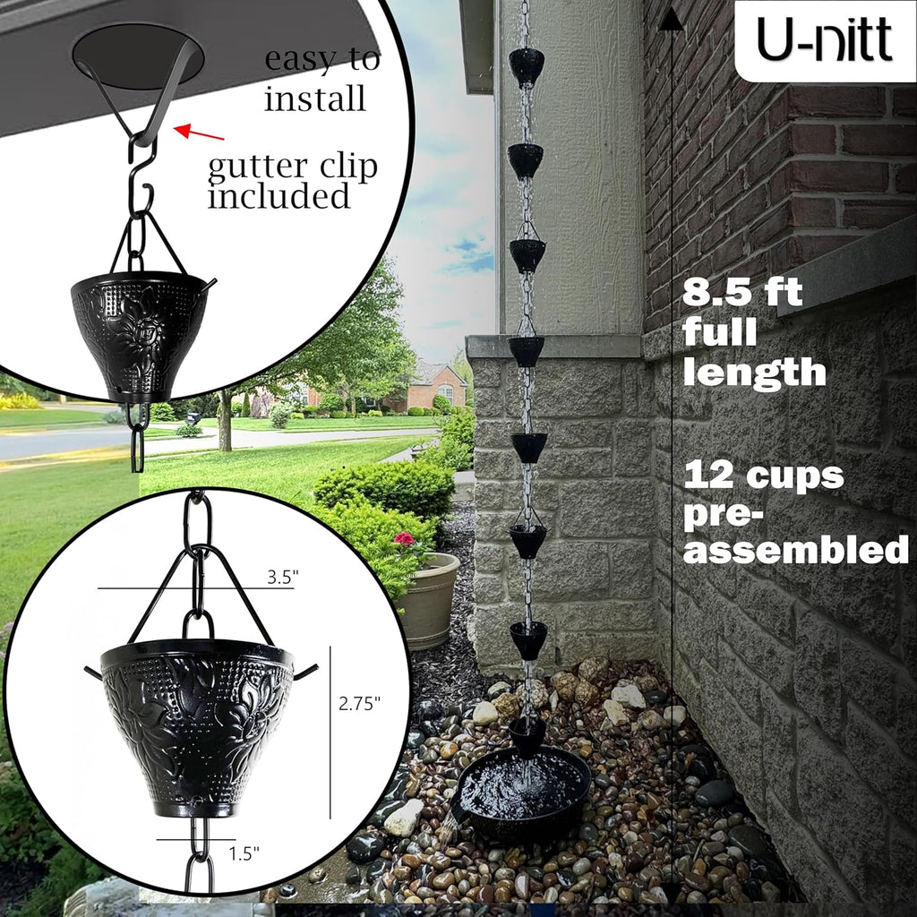 U-nitt Rain Chain Water Collection for Gutters, Rainwater Catcher & Diverter, 8.5 FT Chains for Outside Garden, Sunflower Cups, Roof Downspout, Works with Heavy Rain, w/Gutter Clip for Rainchains