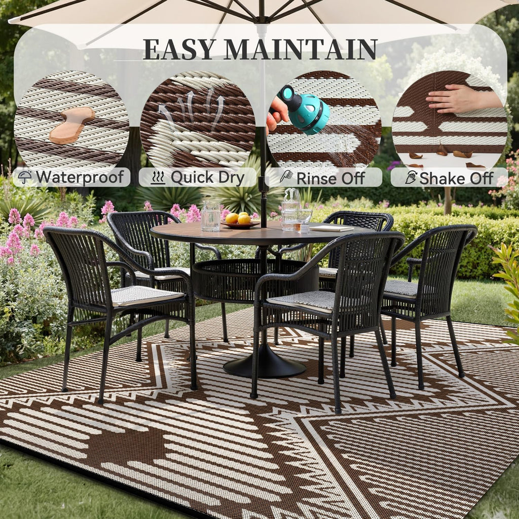 MontVoo Outdoor Rug 8x10 Waterproof Patio Rug-Outdoor Carpet Mat Reversible Plastic Straw Outside Outdoor Rug for RV Camping Picnic Balcony Backyard Pool Deck Porch Modern Boho Beige Brown