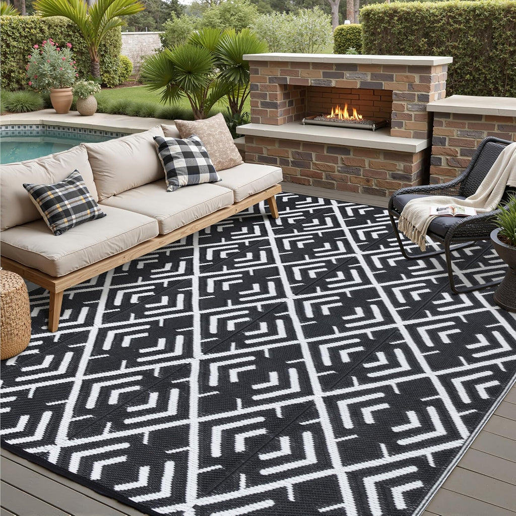 RV Outdoor Rug Waterproof Mat Outdoor Rugs 9'x12' for Patios Clearance Carpet Outdoor Camping Rugs Large Plastic Straw Rug(8x10ft Geometric Black&White)