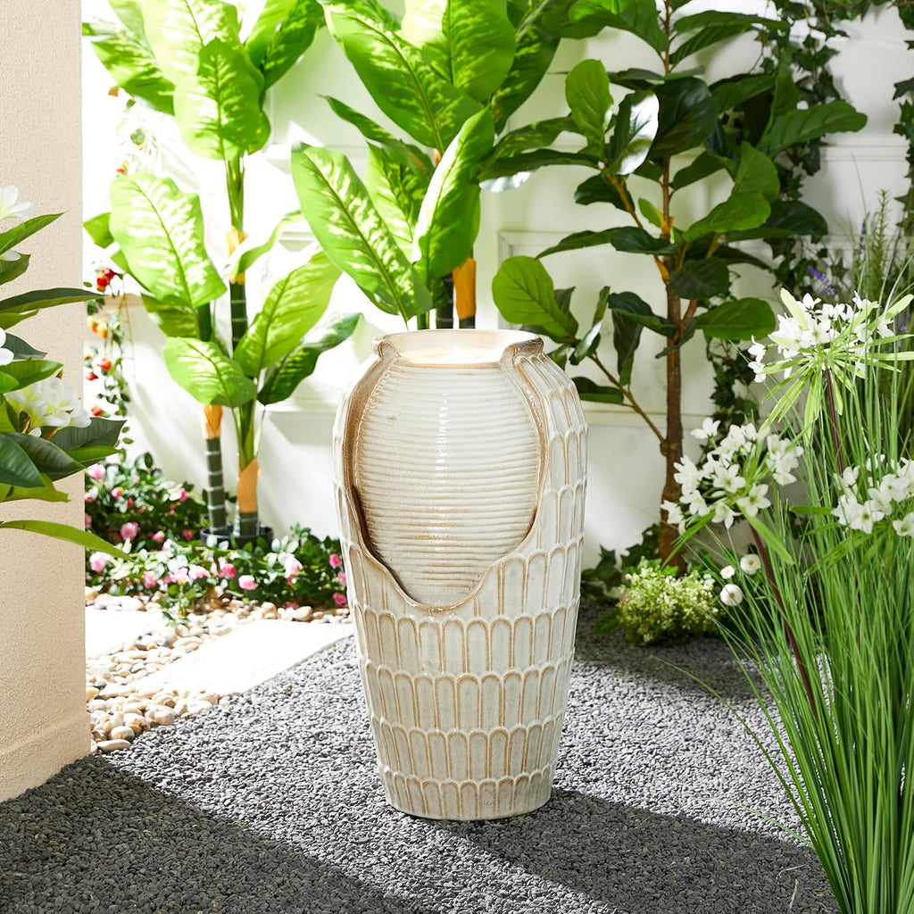 Glitzhome 28.25" H Oversized Ceramic Petals Textured Jar Outdoor Water Fountain, Vintage Sand Beige Glaze Vase Patio Garden Waterfall Fountain with LED Light and Submersible Pump