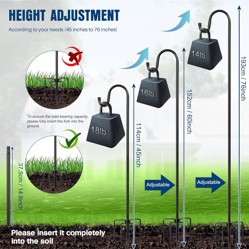 Ottsuls Shepherd Hooks with 5 Prongs Base for Outdoor - 76 Inch Adjustable Bird Feeder Pole for Outside Hanging, Garden, Hummingbird Feeder, Plant Baskets, Solar Light Lanterns, Wedding Decor (1 Pack)