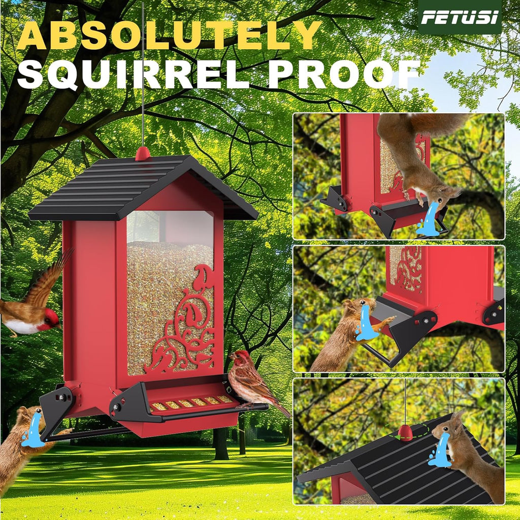 Squirrel Proof Bird Feeder for Outdoor Hanging,Metal Bird Seed Feeder with Bilateral Weight Activated Perches,5LB Large Capacity Wild Bird Feeders for Outside,Easy Refill and Clean,Red