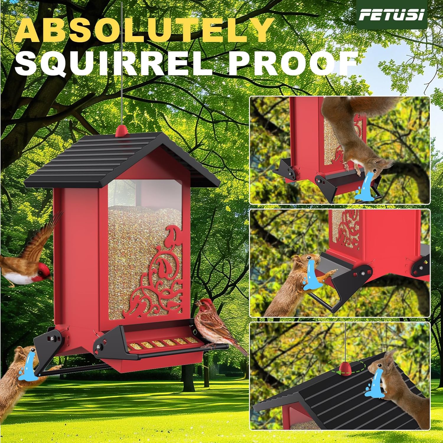 Squirrel Proof Bird Feeder for Outdoor Hanging,Metal Bird Seed Feeder with Bilateral Weight Activated Perches,5LB Large Capacity Wild Bird Feeders for Outside,Easy Refill and Clean,Red