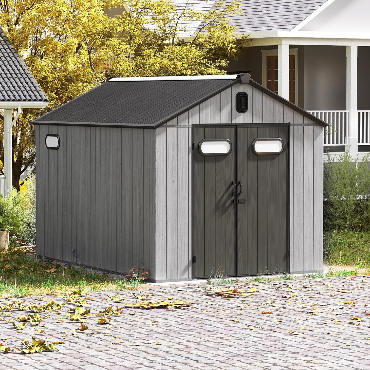 Domi 8x10FT Outdoor Resin Storage Shed with Transparent Windows & Louvered Vents, Plastic Tool Shed with Double Lockable Doors & Gable Roof, Outside Garden Shed for Backyard, Patio, Lawn, Grey