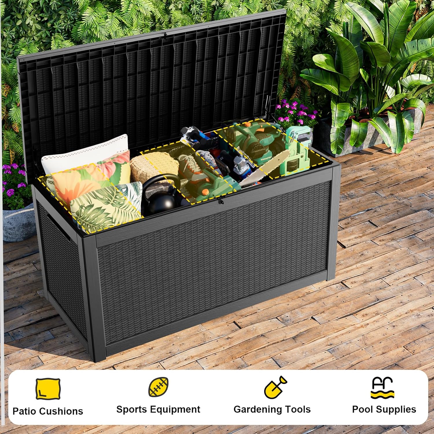 320 Gallon Deck Box Waterproof, UV Resistant Resin Outdoor Storage Box with Hydraulic Rod, Lockable Design and Enhanced Durability for Patio, Garden, and Poolside Use