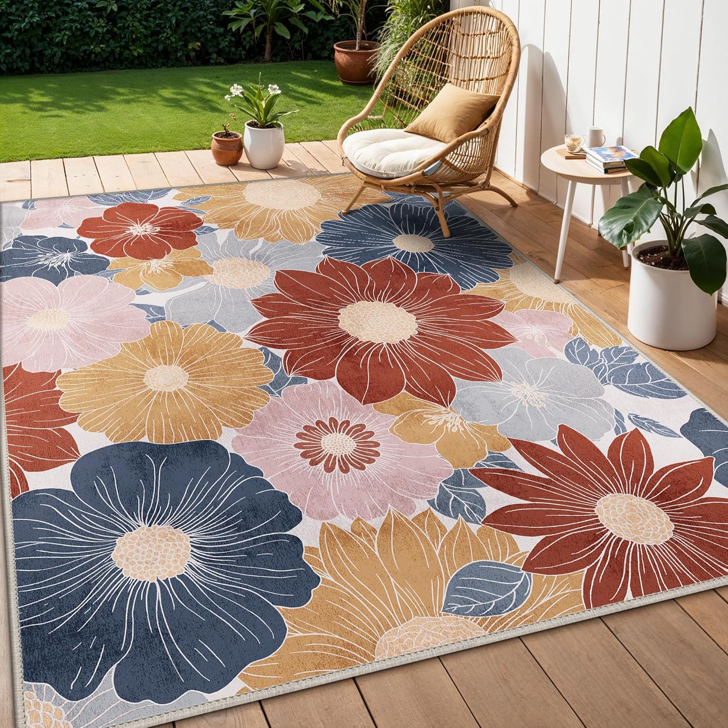GENIMO Indoor Outdoor Area Rug 6' X 9' Waterproof, Washable Patio Rug Non Shedding, Easy Cleaning Floral Outdoor Carpet for Living Room, Bedroom, Dining Room, Balcony, Backyard, Deck, RV, Red Blue