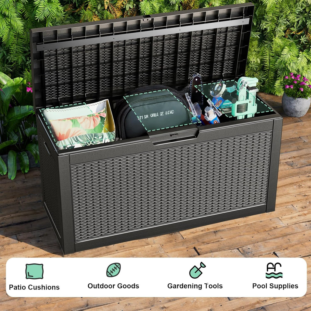 60 Gallon Resin Deck Box, Lockable Outdoor Storage Box for Patio Cushions Storage Furniture,Garden Tools, Pool Supplies, Weatherproof and UV Resistant（Black Rattan）