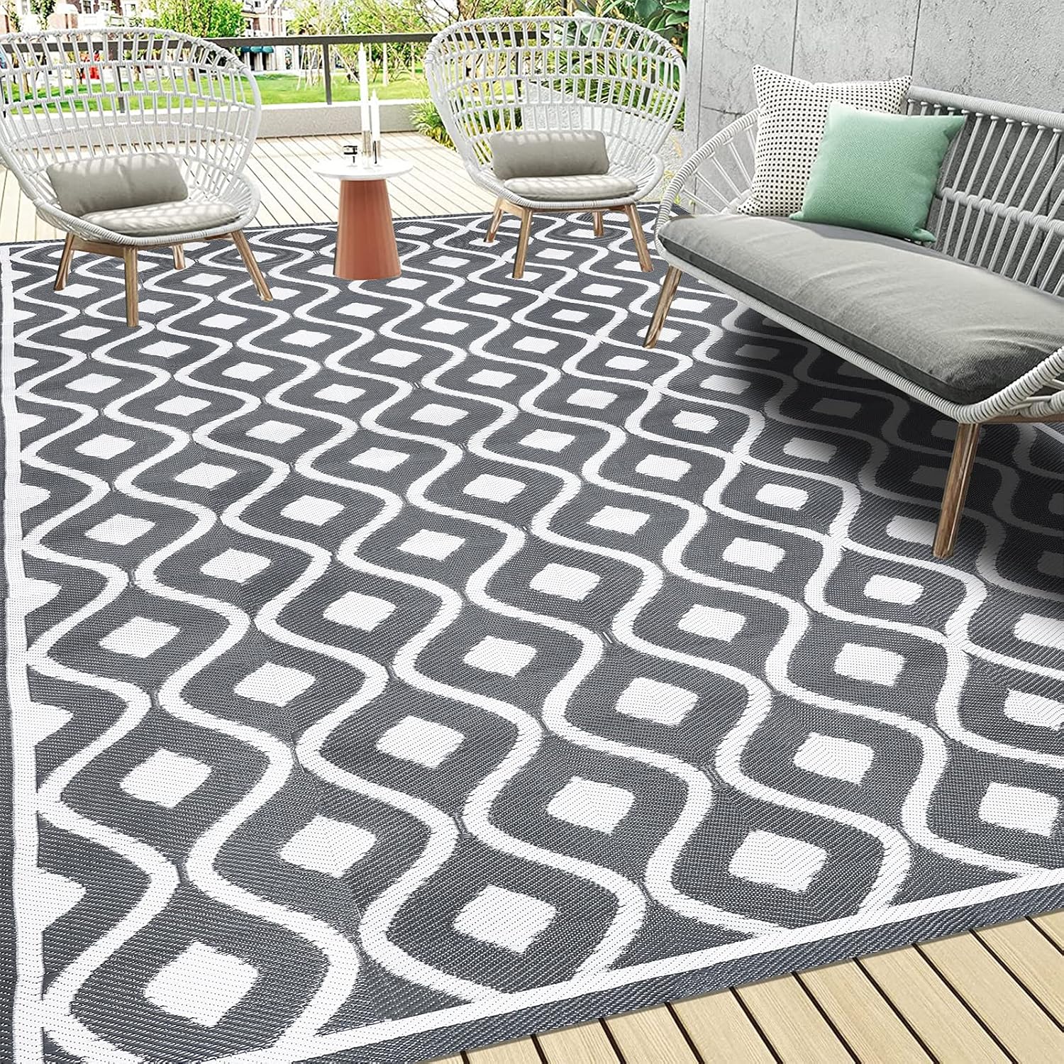 Pauwer Reversible Outdoor Rug, 9'x12', Waterproof, Polypropylene, Moroccan Grey, Area Rug for Patio, RV, Camping, Picnic, Backyard, Deck, Balcony, Porch