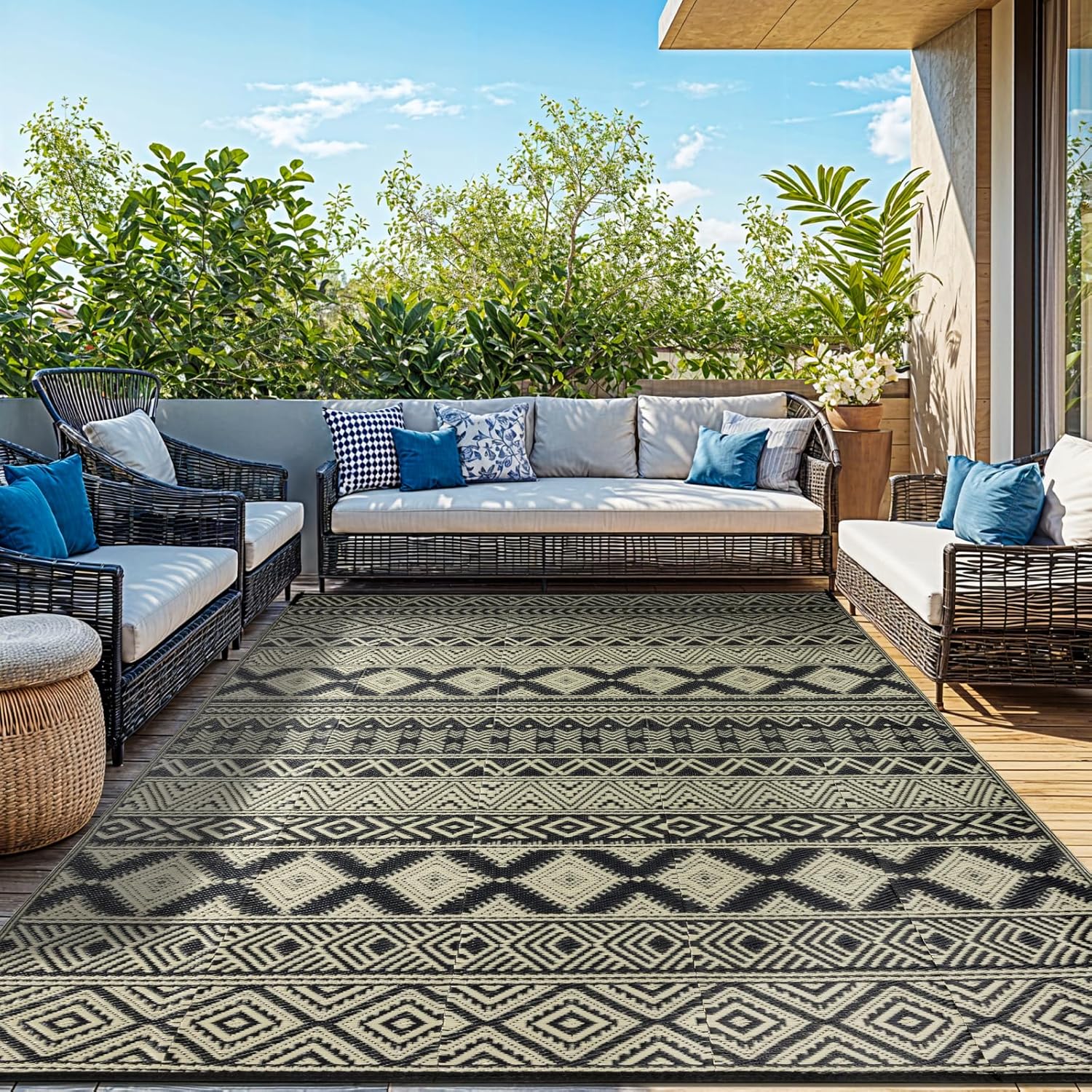 8'x10' Plastic Outdoor Rug - Plastic Straw Rug-Heavy-Duty Waterproof Mat, UV & Fade Resistant for Patio, Camping, RV, Deck, Balcony(8x10,Black&Beige)