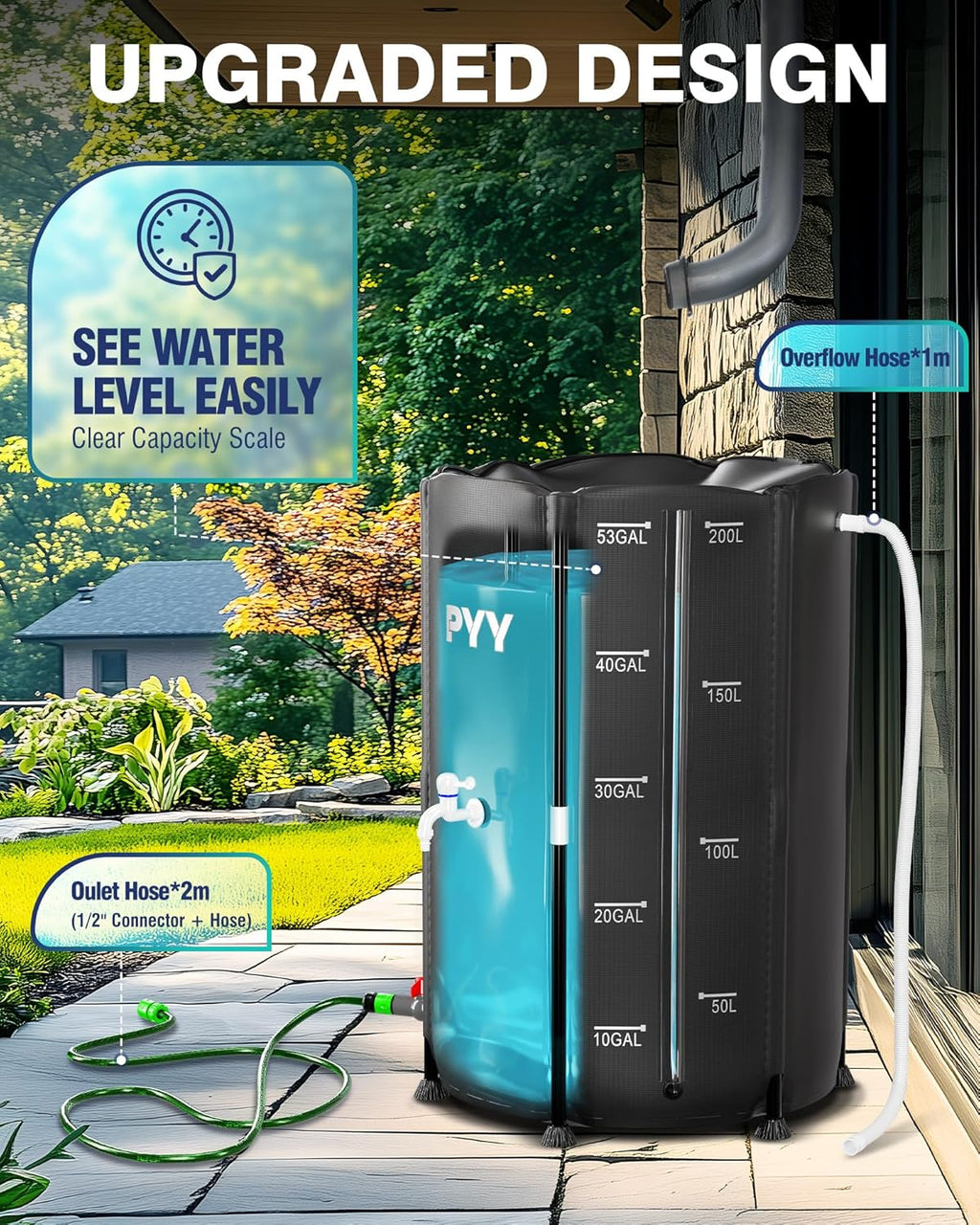PYY Rain Water Collection Barrel - 53 Gallon Black Water Storage Tank with Spigot, Hose and Portable Bucket, Large Plastic Collapsible Rain Catcher Catchment System to Collect Rainwater from Gutter