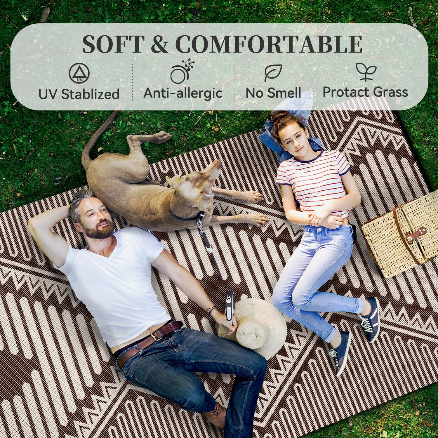 MontVoo Outdoor Rug-Waterproof Camping Rug Patio Rug Mat 6x9 Reversible Plastic Straw Outside Outdoor Rug for RV Camping Picnic Balcony Backyard Pool Deck Porch Modern Boho Beige Brown