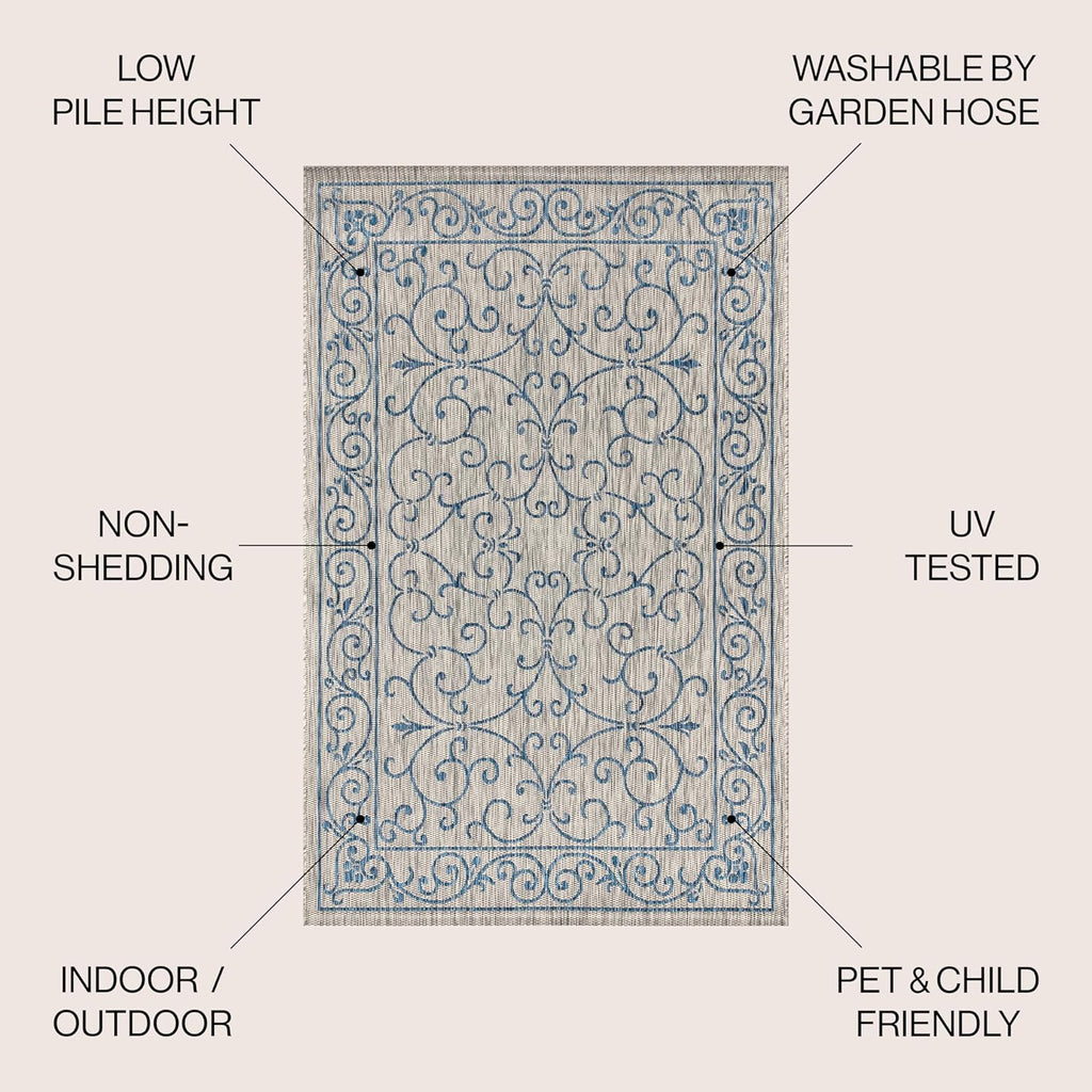 JONATHAN Y SMB106C-4SQ Charleston Vintage Filigree Textured Weave Gray/Navy 4' Square Indoor/Outdoor Area Rug, Pet Friendly, Non-Shedding, Stain Resistant, Easy-Cleaning for Backyard, Patio, Porch