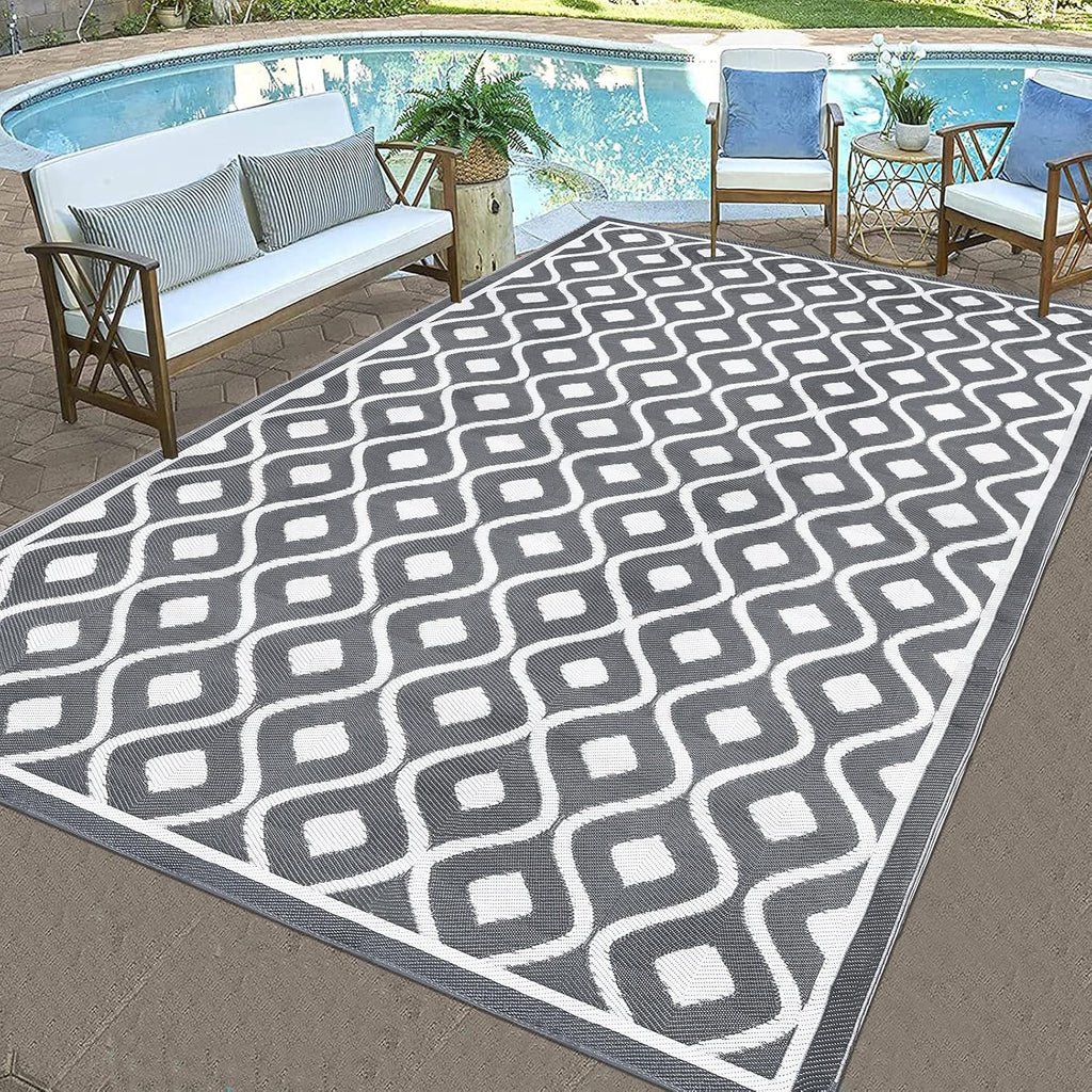 Pauwer Waterproof Outdoor Rug 6x9, Reversible Plastic Straw Patio Camping Rug, Indoor Outdoor RV Mat Carpet for Deck, Camper, Porch, Balcony, Backyard, Picnic, Geometric Grey