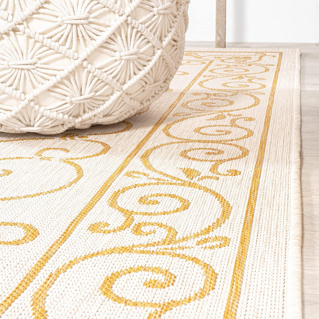 JONATHAN Y SMB106M-28 Charleston Vintage Filigree Textured Weave Indoor Outdoor Runner Rug, Classic, Traditional, Transitional Easy Clean,Bedroom,Kitchen,Backyard,Patio, Non-Shed, Cream/Yellow, 2 X 8